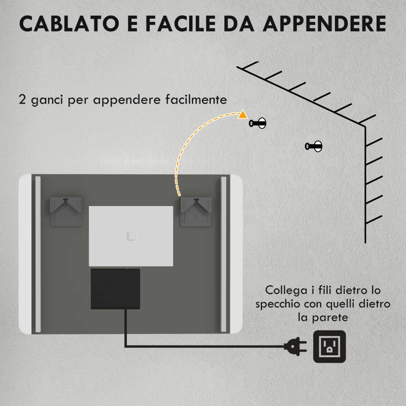 HOMCOM Specchio Bagno con Luce LED a 3 Temperature, Interruttore Touch e Antiappannamento, 70x50cm