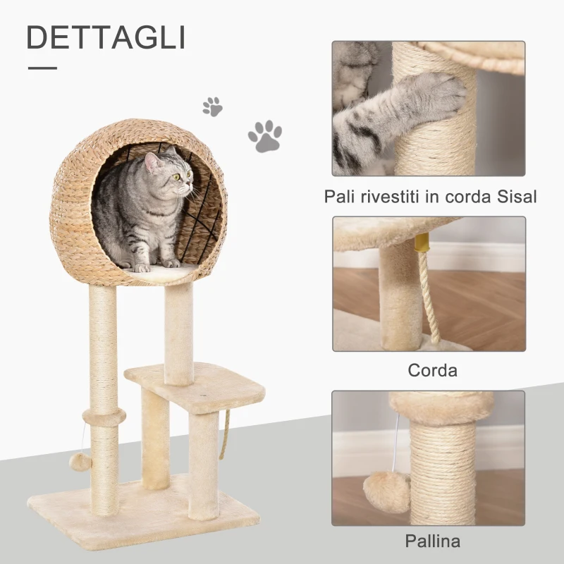 PawHut Albero Tiragraffi per Gatti fino a 5kg con Cuccia e Rivestimento in Peluche 48x40x100cm Beige