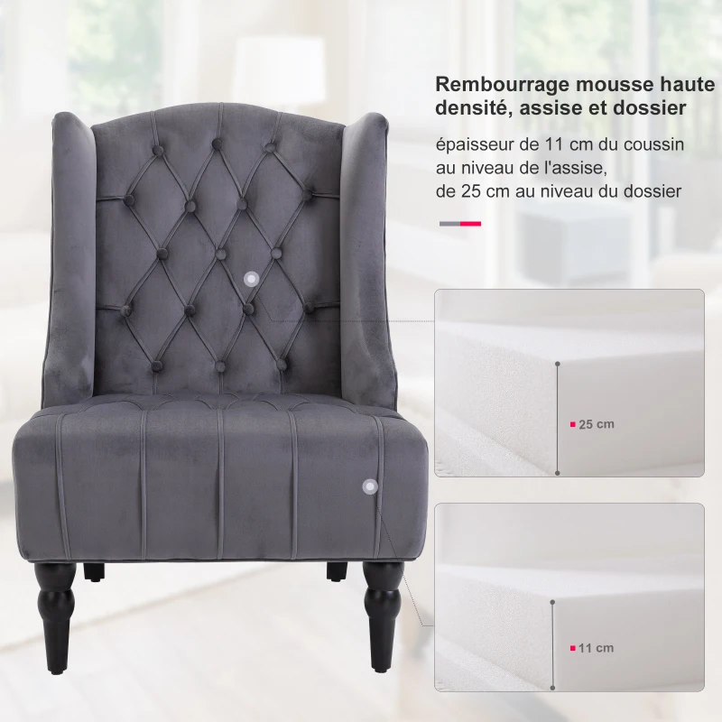 HOMCOM Fauteuil Chesterfield Grand Confort Dossier Assise capitonné avec Boutons Velours Gris