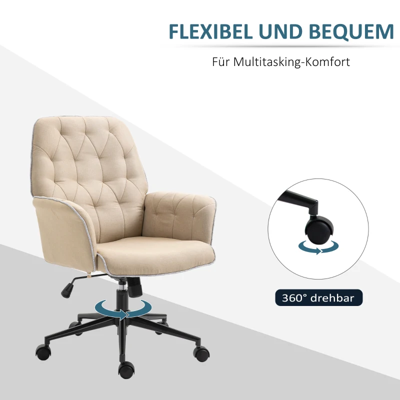 Vinsetto Bürostuhl mit Wippfunktion Drehstuhl Home-Office-Stuhl höhenverstellbarer Schreibtischstuhl Computerstuhl Arbeitsstuhl mit Armen 360°-Drehräder Schaumstoff Beige 66 x 69 x 89,5-97 cm