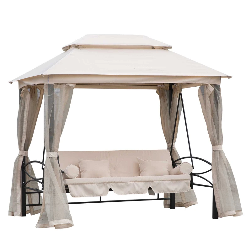 Outsunny Dondolo 3 Posti e Lettino Singolo Copertura a Gazebo con Zanzariera e Cuscini 256x172x248cm Crema
