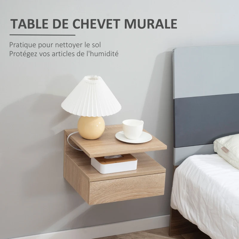 HOMCOM Lot de 2 Tables de Chevet murales - Lot de 2 Tables de Nuit - tiroir Coulissant, Niche, Plateau