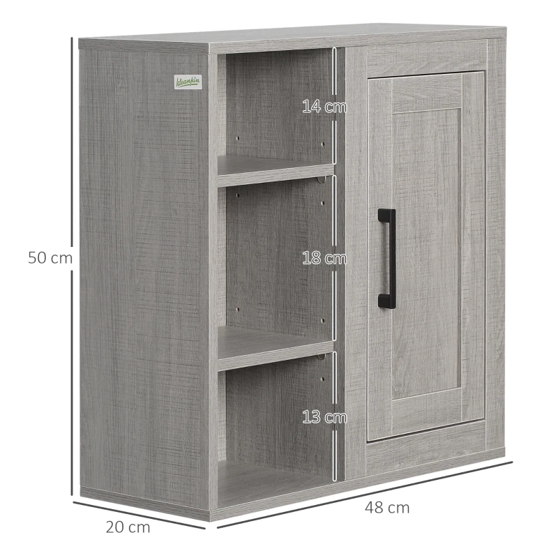 kleankin Armario de Baño de Pared con 3 Estantes Abiertos y 1 Puerta Mueble Auxiliar Suspendido Moderno 48x20x50 cm Gris