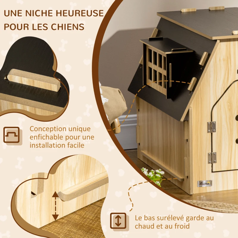 PawHut Niche pour chien intérieur maisonnette design avec porte verrouillable - 54 x 56 x 52 cm