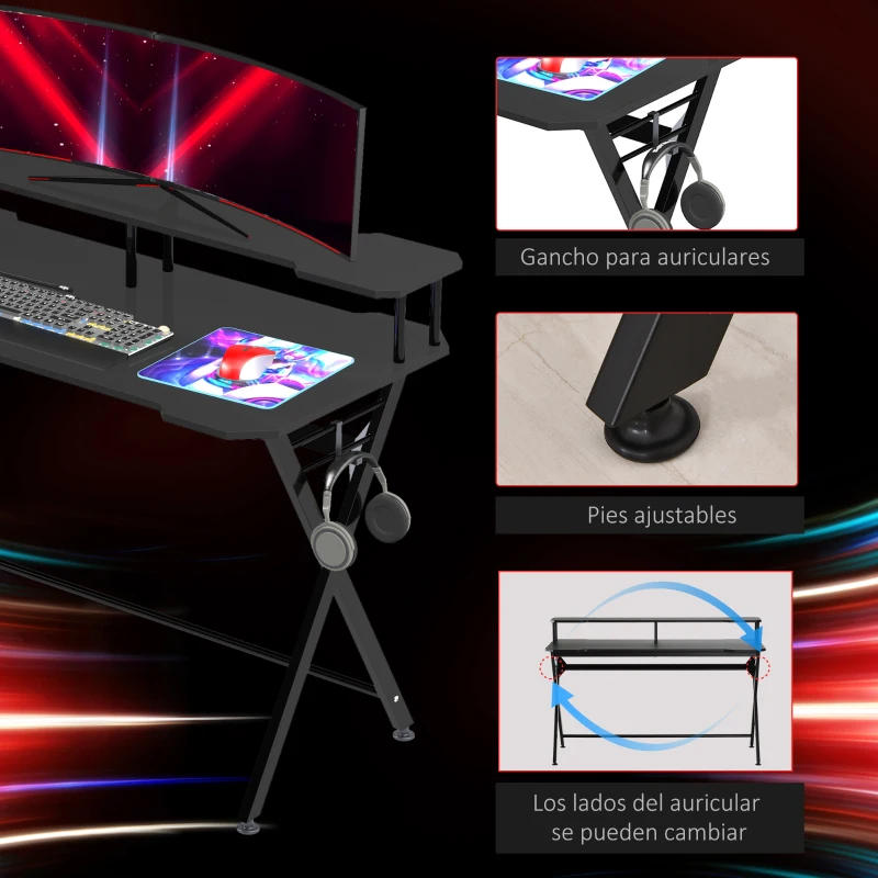 HOMCOM Mesa Gaming 140x60 cm Escritorio para Computadora PC con Estante Elevado para Monitor Gancho para Auriculares Negro