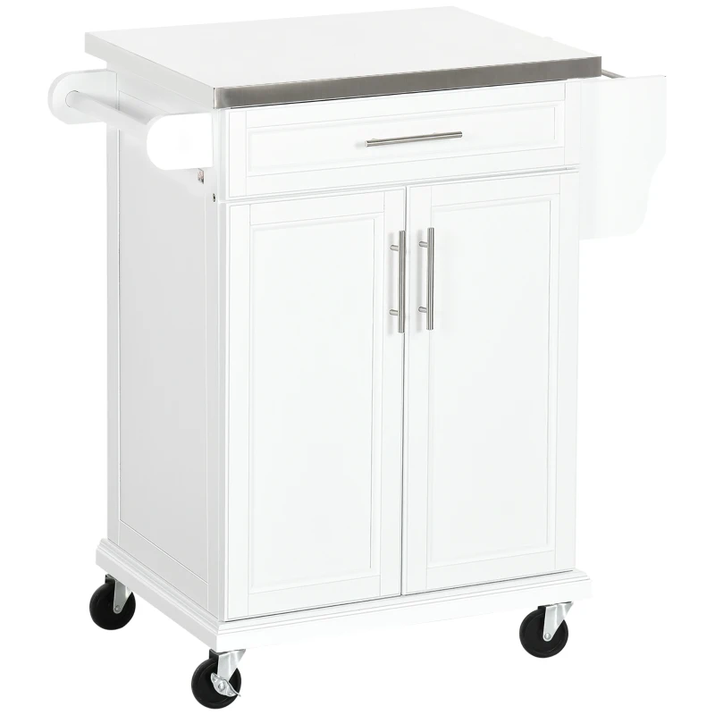 HOMCOM Wooden Kitchen Island on Wheels, Serving Cart Storage Trolley with Stainless Steel Top, Drawer, Side Handle and Rack, White