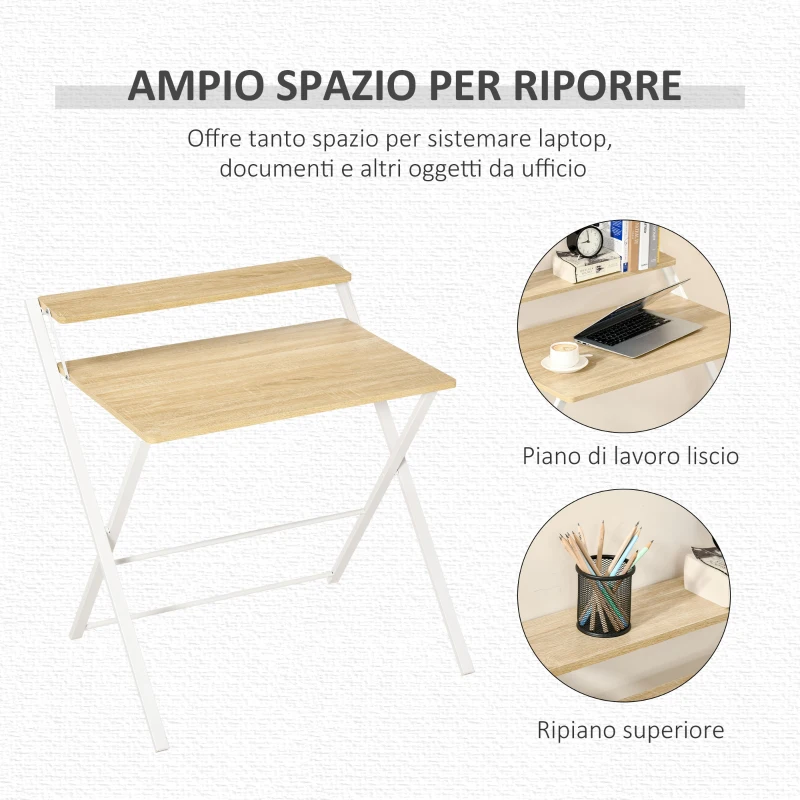 HOMCOM Scrivania Pieghevole Salvaspazio con Mensola Superiore per Camera e Ufficio, 81.5x70x84cm, Color Legno e Bianco
