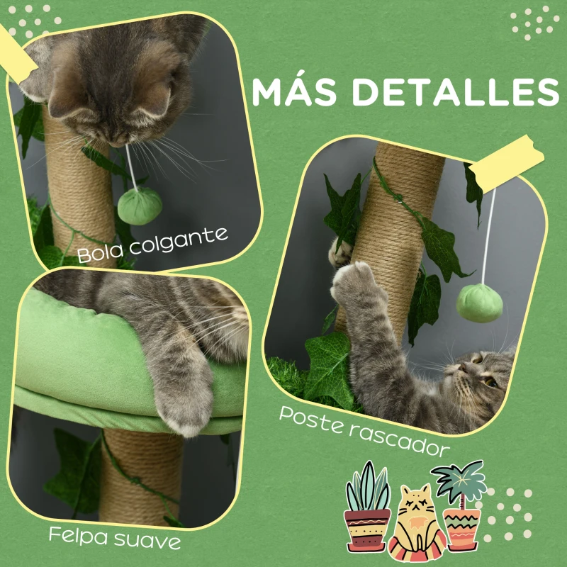PawHut Árbol Rascador para Gatos 91 cm con Caseta Cama Hamaca Poste de Yute y Bola Colgante 50x40x91 cm Verde