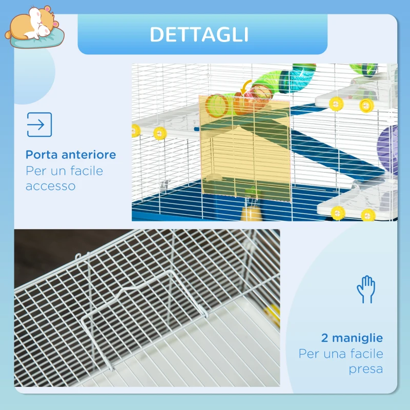 PawHut Gabbia Criceti a 4 Livelli con Ruota, Casetta e Tubi, in Acciaio, PP e PS, 79x46x60 cm, Blu e Bianco