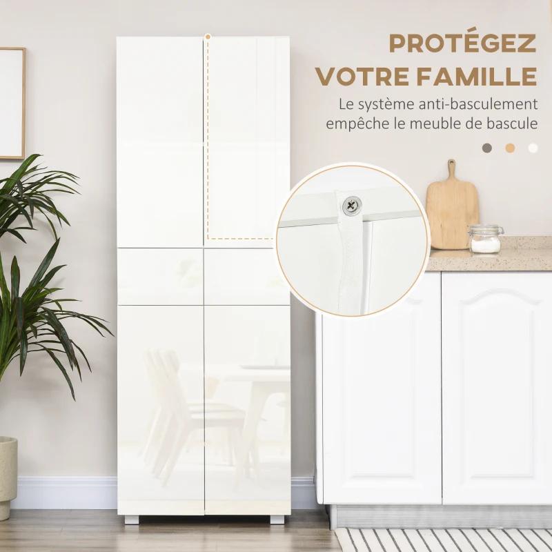 HOMCOM Armoire de cuisine meuble de rangement buffet 4 portes avec étagères réglables - dim. 60L x 35l x 170H cm blanc laqué(m-7)