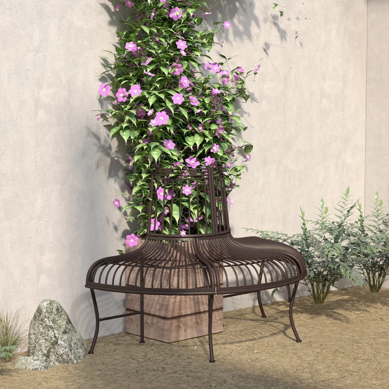 Outsunny Baumbank aus Metall halbrund Gartenbank Parkbank Sitzbank für Ø37cm Baumstämme 135 x 70 x 85 cm