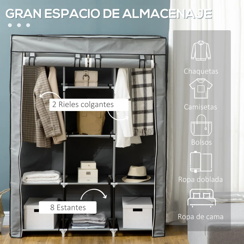 HOMCOM Armario de Tela Plegable Ropero Portátil con 8 Estantes y 2 Barras de Colgar para Dormitorio 125x43x162,5 cm Gris