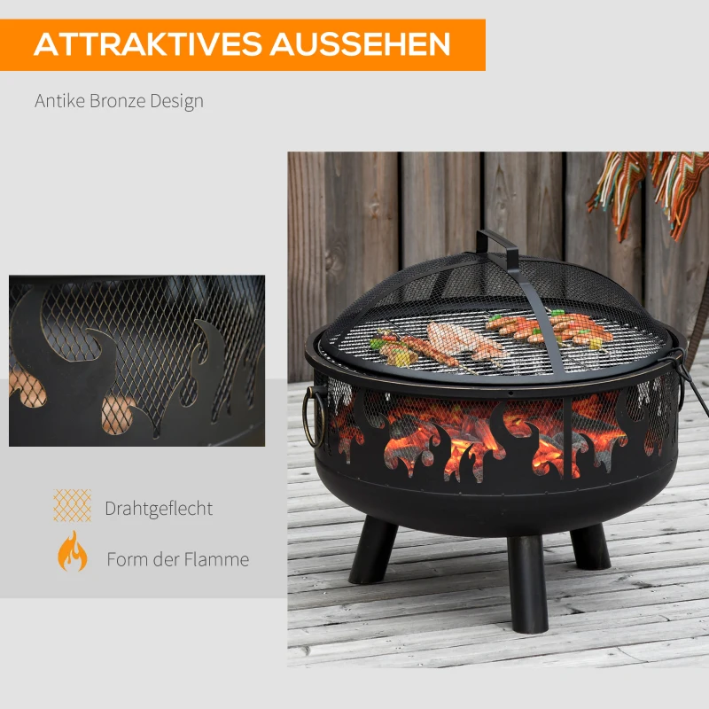 Outsunny 2-in-1 Feuerschale Feuerkorb Feuerstelle mit Funkenschutz Grillrost Garten BBQ Schwarz Ø61,5 x 52H cm
