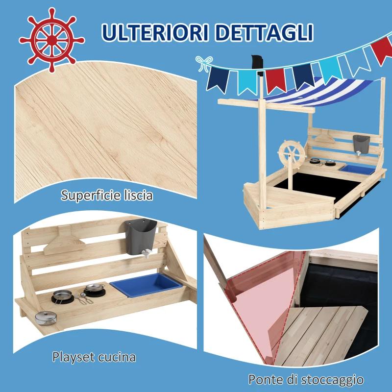 Outsunny Sabbiera per Bambini 3-7 Anni con Tettuccio e Set da Cucina, in Legno di Abete, 180x103x144.5 cm