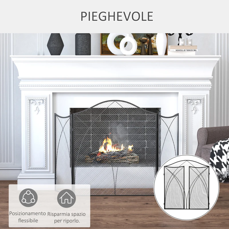 HOMCOM Parascintille Camino a 3 Parti Pieghevole in Metallo, 108x24x76 cm, Nero