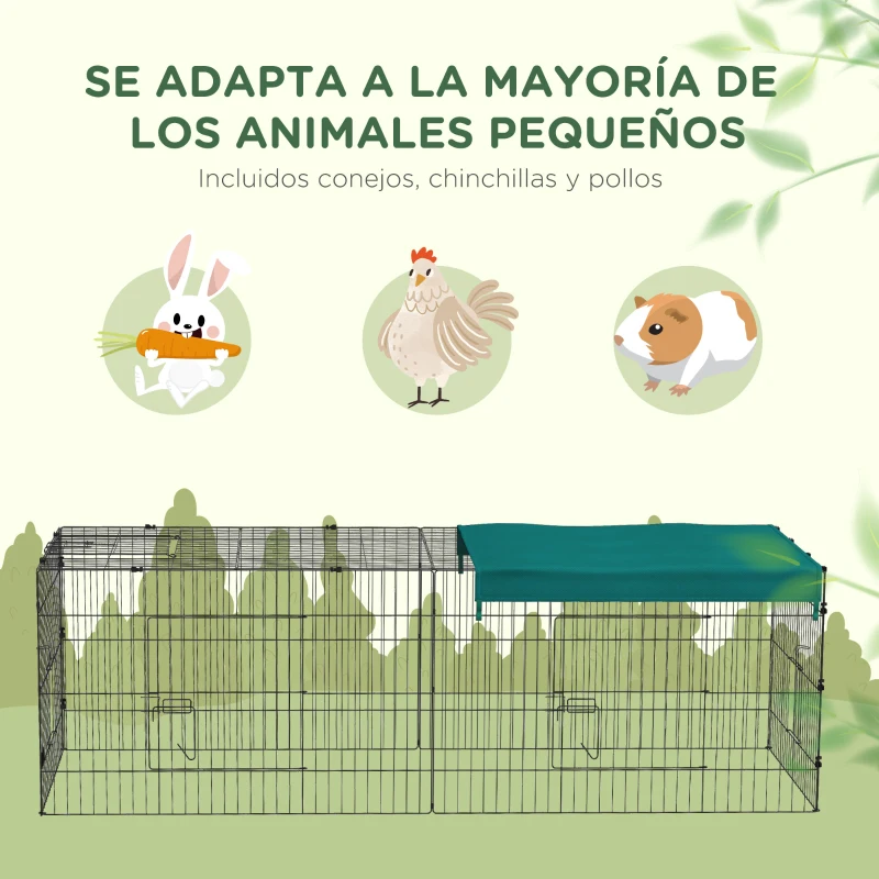 PawHut Jaula para Animales Pequeños de Acero con Puertas y Tela Superior para Conejos Chinchillas Gallinas 220x85x70 cm Verde