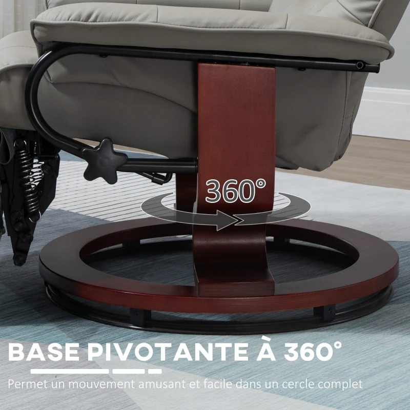 HOMCOM Fauteuil relax inclinable repose-pieds réglable pivotant 360° piètement bois revêtement synthétique gris(m-5)