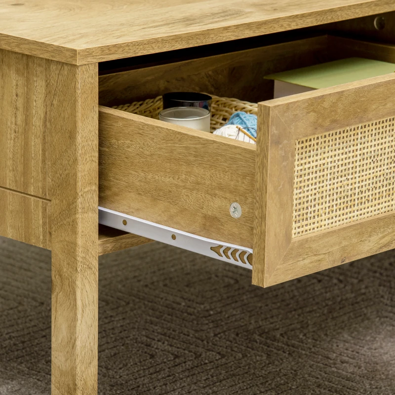 HOMCOM Table basse rectangulaire table de salon avec multi-rangements niche et tiroir portes effet cannage rotin tissé