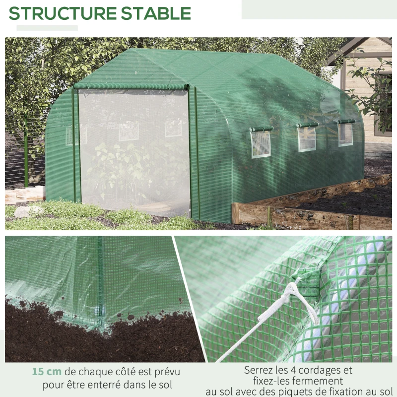Outsunny Serre Tunnel de Jardin Grande 3.5 x 3 x 2 m - 6 fenêtres et Porte zippée Enroulable - Acier galvanisé PE Haute densité Vert