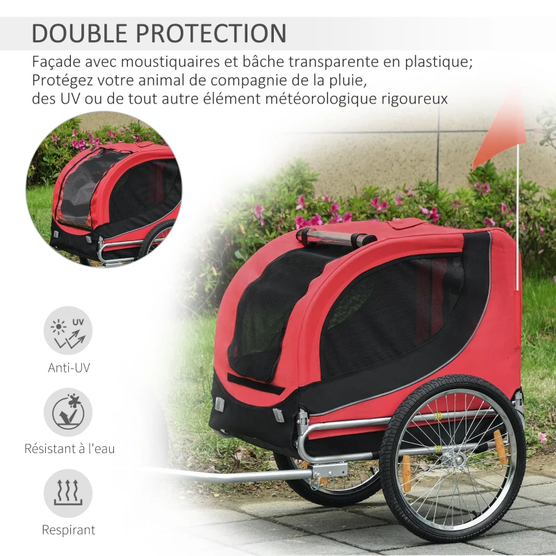 HOMCOM Remorque velo pour chien animaux avec 8 reflecteurs drapeau rouge noir
