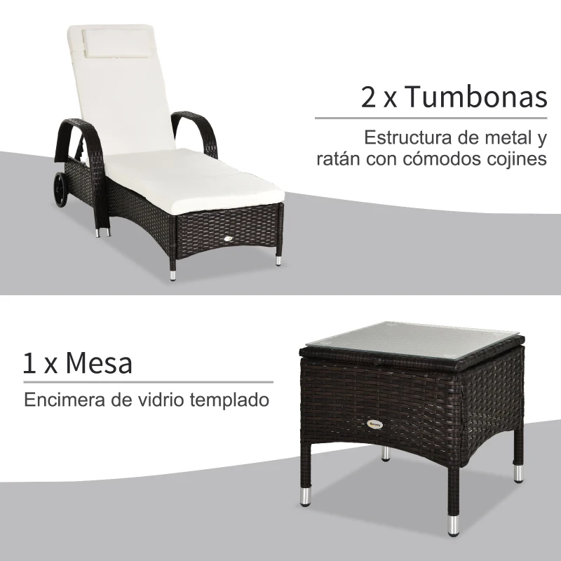 Outsunny Conjunto de 2 Tumbonas con Cojín y Respaldo Ajustable 5 Posiciones y 1 Mesita de Ratán Sintético Color Marrón