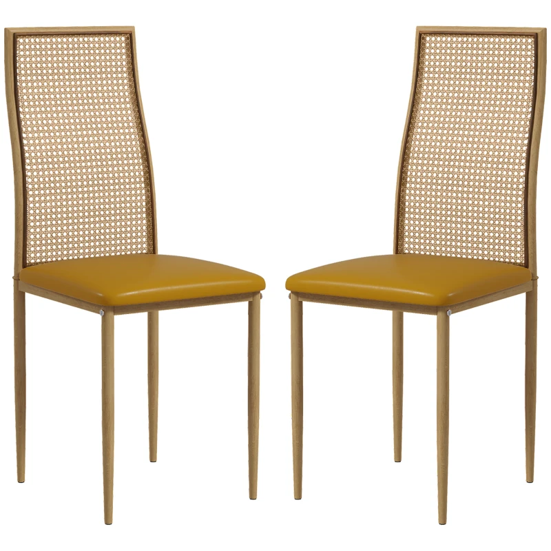 HOMCOM Juego de 2 Sillas de Comedor con Respaldo de Ratán PE Asiento Tapizado de Cuero PU y Patas de Acero 40x50x97 cm Ocre