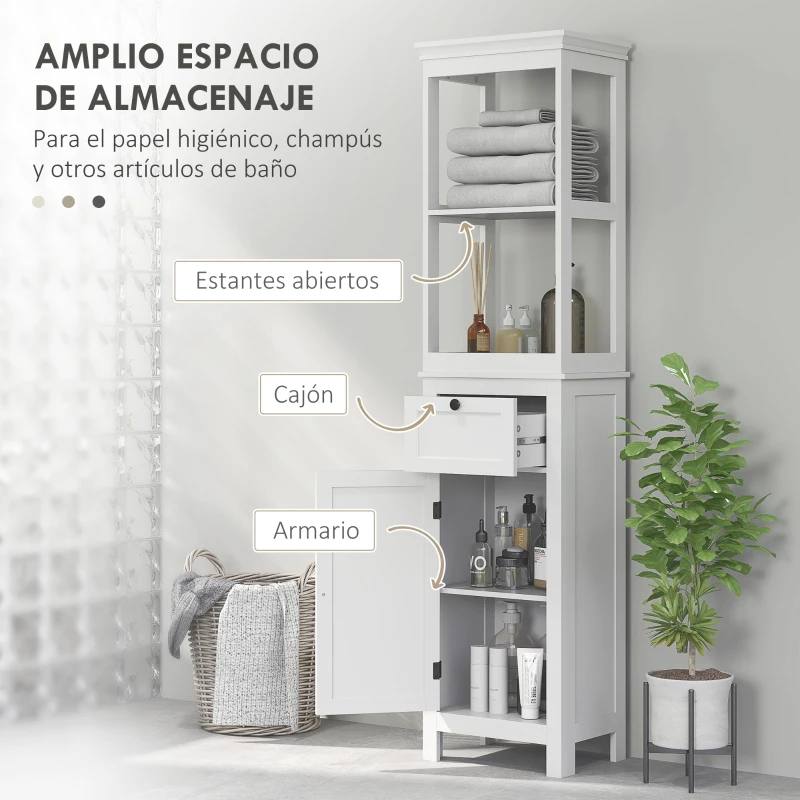 HOMCOM Mueble de Baño con Cajón Puerta Estante Ajustable y 2 Compartimientos Armario de Baño Moderno 40x30x165 cm Blanco
