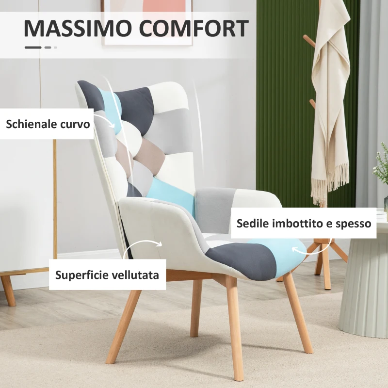 HOMCOM Poltroncina da Camera in Velluto Trapuntato e Gambe in Legno, 66x76x98cm, Multicolore