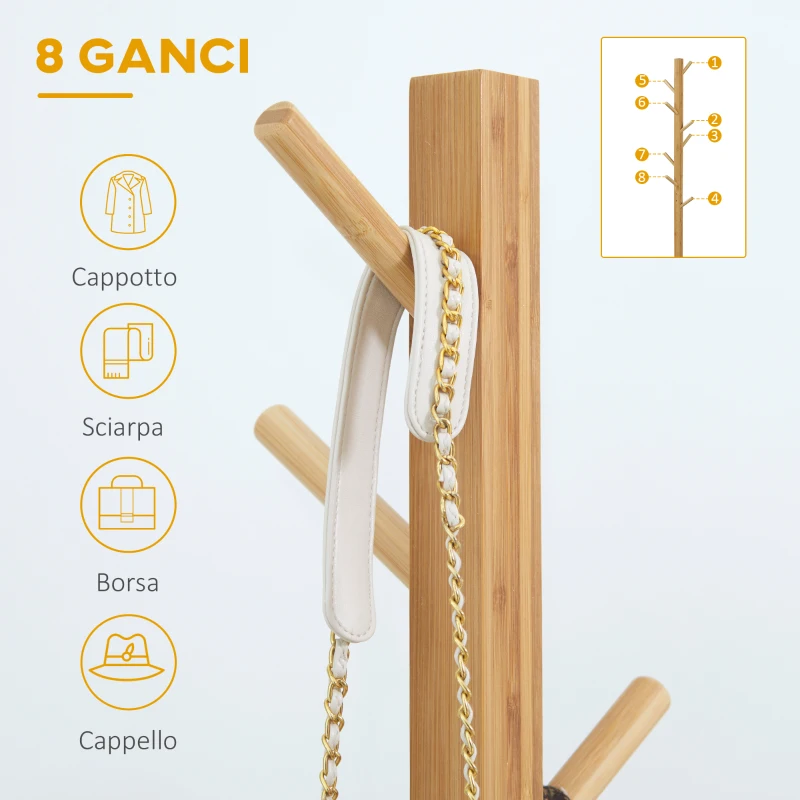 HOMCOM Appendi Abiti da Terra in Legno di bambù con 8 Ganci e Base a X, 49.5x 49.5x 178cm, Naturale