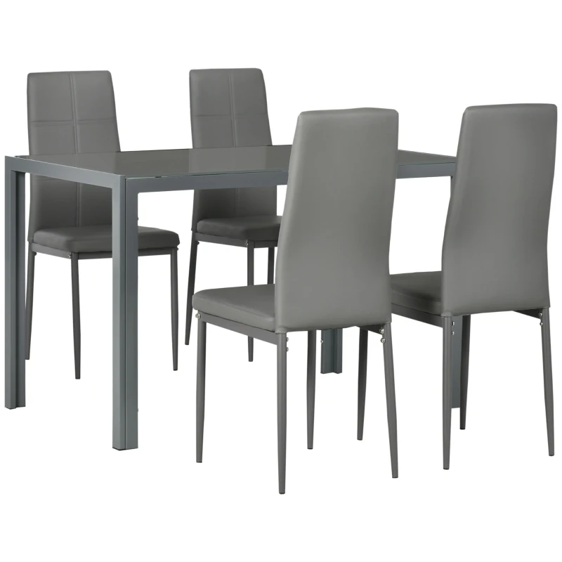 HOMCOM Set da Pranzo 5 Pezzi con 1 Tavolo da Pranzo e 4 Sedie Moderne in Similpelle, Metallo e Vetro Temperato, Grigio
