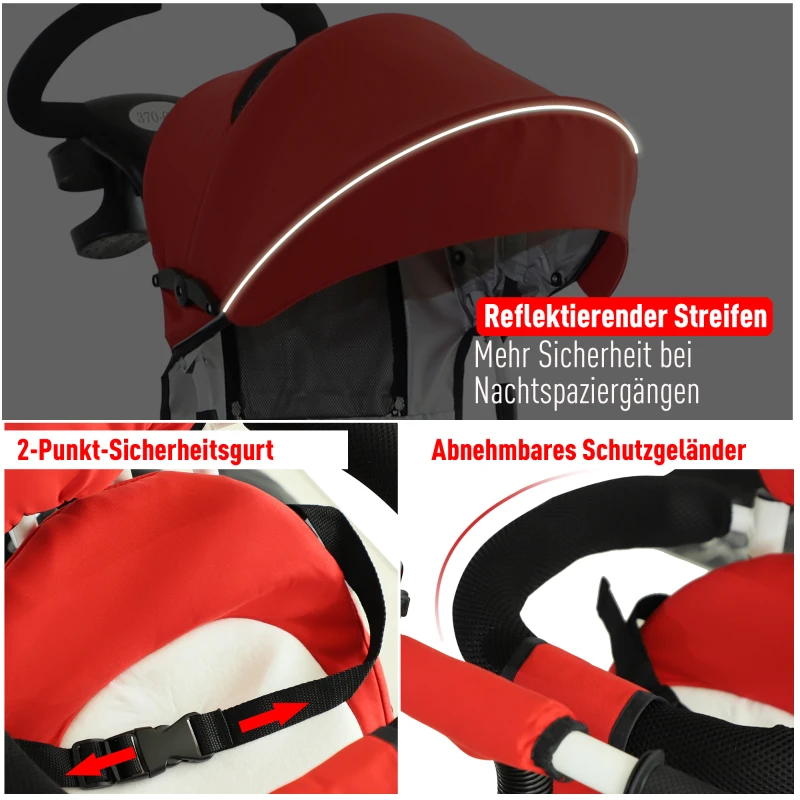 HOMCOM 4-in-1 Kinderdreirad, Kinder Fahrrad mit Sicherheitsgurt und Sonnendach, Dreirad, Kinderauto, Aluminium, Metall, Kunststoff, Rot, 118 x 53 x 105 cm