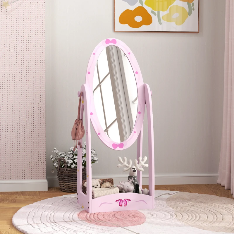 AIYAPLAY Kids Full Length Mirror, 360° Rotating Children Standing Mirror with Storage Shelf, Pink