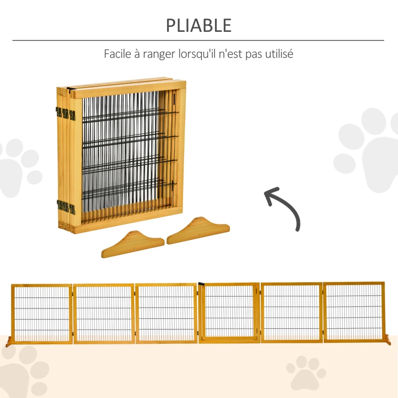PawHut Barrière de sécurité chien barrière autoportante barrière modulable pliable 6 panneaux 2 pieds support bois de pin 432 x 36 x 70 cm jaune