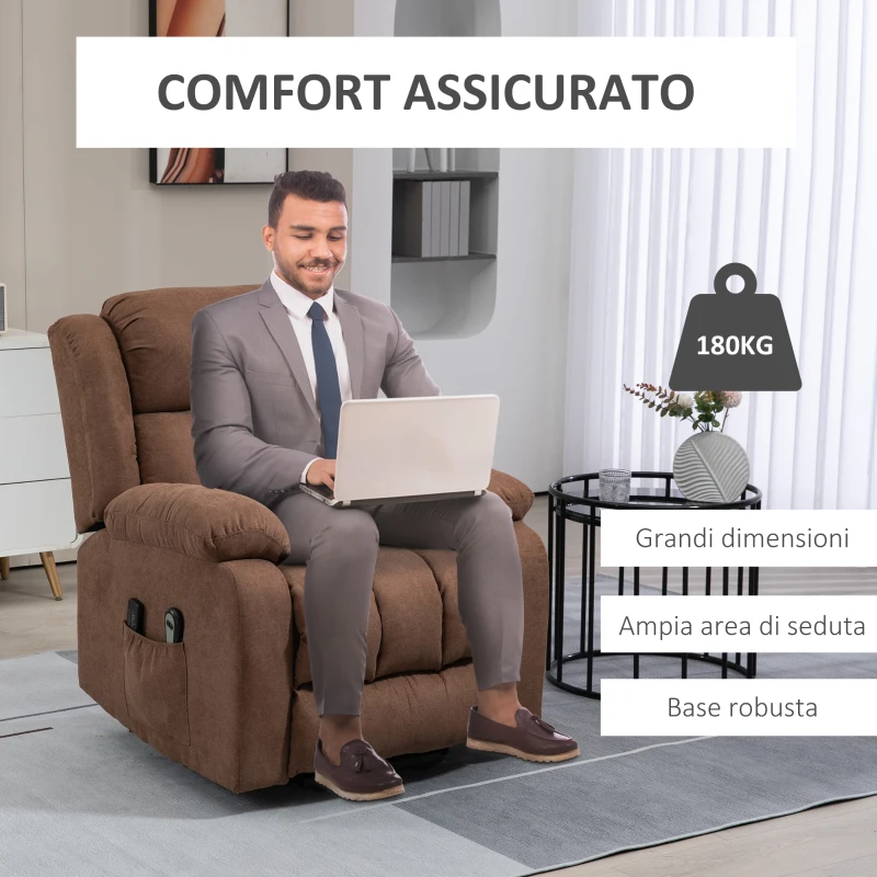 HOMCOM Poltrona Elettrica Alzapersona Massaggiante Reclinabile con Telecomando, in Tessuto, 91x93x103cm, Marrone