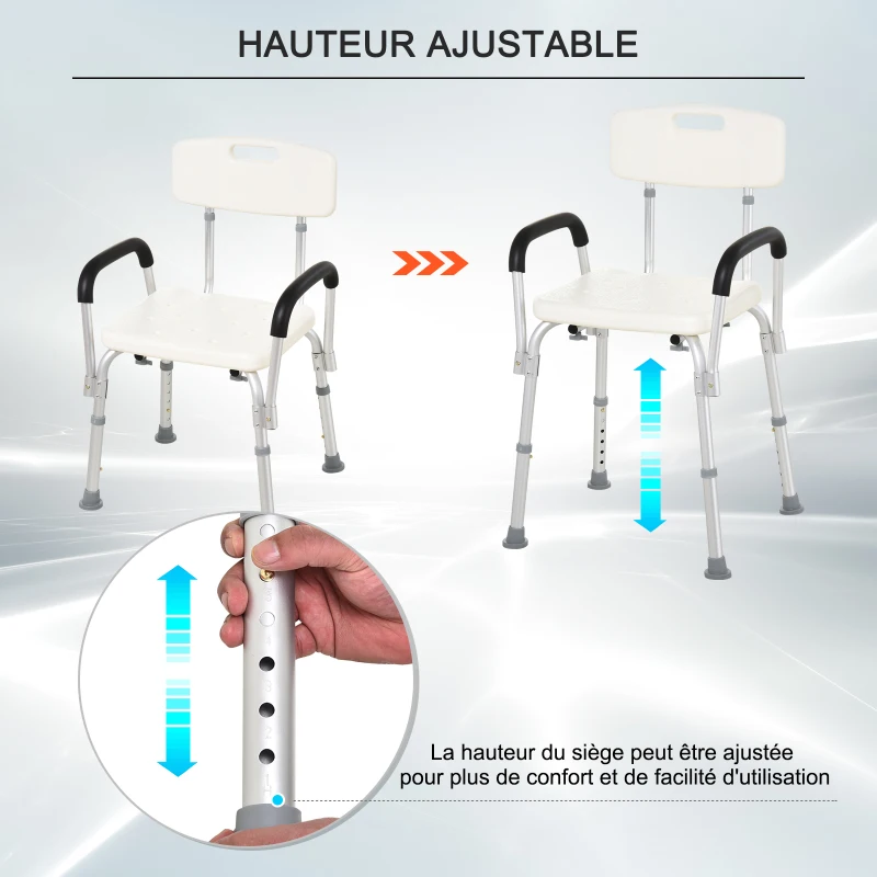 HOMCOM Chaise de Douche siège de Douche Ergonomique Hauteur réglable Pieds antidérapants Dossier accoudoirs Amovibles Charge Max. 136 Kg alu HDPE Blanc