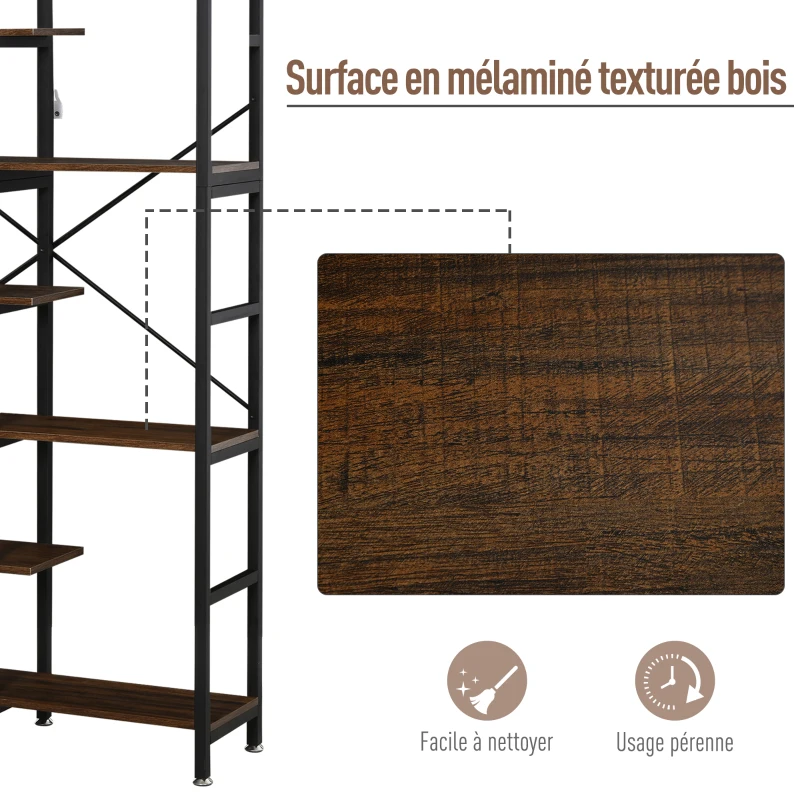 HOMCOM Étagère de Rangement Bibliothèque séparateur de pièce Style Industriel en escalier 6 étagères en Bois et Métal Rustique