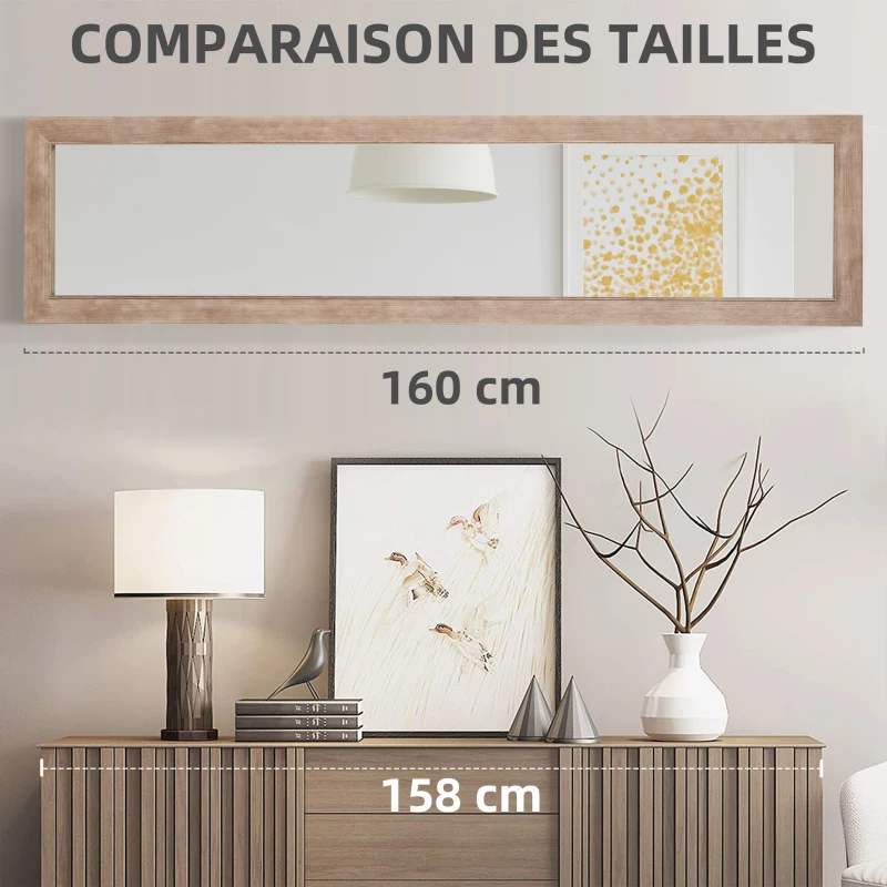 HOMCOM Grand miroir rectangulaire avec cadre en bois mural ou à poser 160 x 39,8 cm marron clair