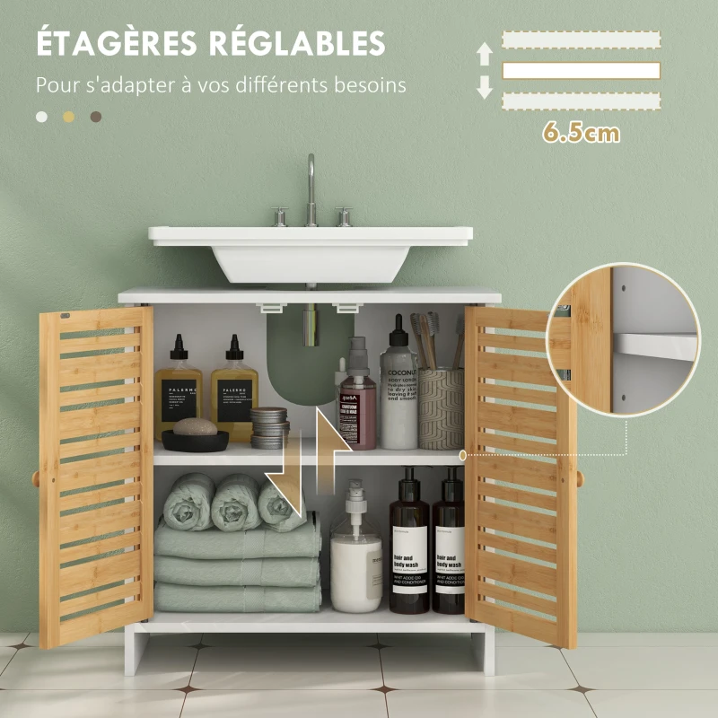 HOMCOM Meuble sous vasque de salle de bain 2 portes étagère réglable armoire de rangement pour lavabo 60x30x60 cm bambou blanc