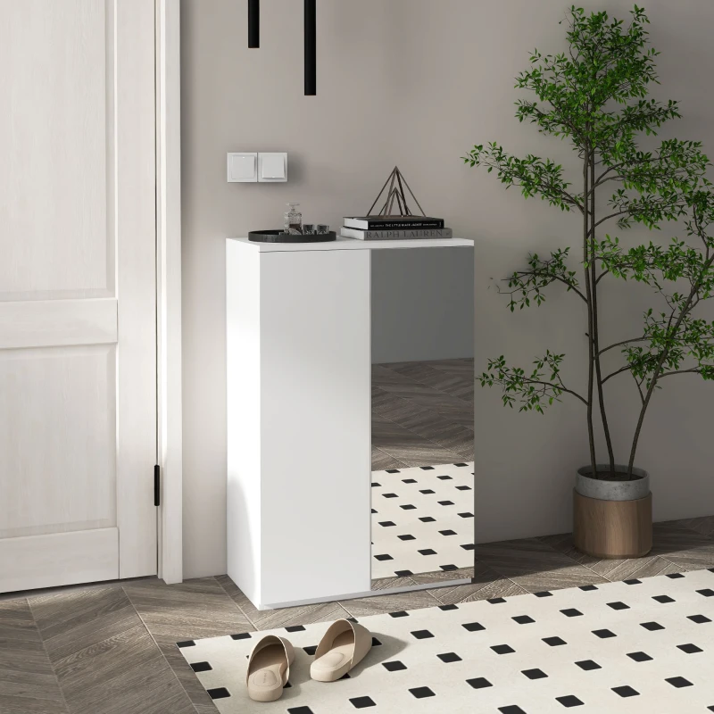 HOMCOM Mueble Zapatero con Espejo para 18 Pares de Zapatos con 5 Estantes Ajustables para Recibidor 60x32x95 cm Blanco