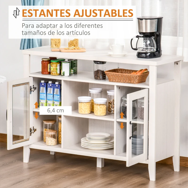HOMCOM Aparador de Cocina Mueble Auxiliar de Comedor con 2 Armarios con Puerta de Vidrio Estante Ajustable Compartimentos Abiertos 116x39,5x86,5 cm Blanco