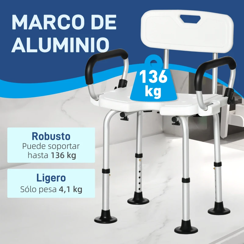HOMCOM Silla para Ducha Taburete de Ducha Antideslizante con Altura Ajustable y Apoyabrazos Regulable Carga 136 kg