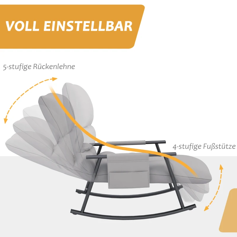HOMCOM Schaukelstuhl, verstellbare Rückenlehne & Fußstütze, Seitentasche, Mikrofaserbezug, Metallrahmen, Grau(m-4)