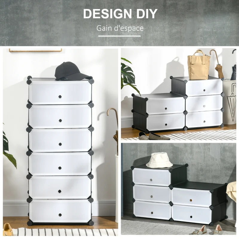 HOMCOM Armoire à chaussures modulable range chaussures meuble de rangement avec 6 cubes rectangulaires empilable en plastique capacité 12 paires 49 x 36,5 x 108 cm blanc