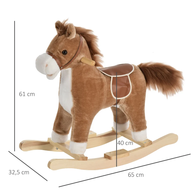HOMCOM Cheval à Bascule Selle Grand Confort Peluche Courte Douce Bois peuplier Brun dim. 65L x 32,5l x 61H cm(m-3)