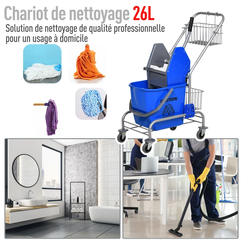HOMCOM Chariot de ménage chariot de lavage chariot de nettoyage professionnel presse à mâchoire seau 26 L + panier de rangements dim. 73L x 45l x 95H cm bleu