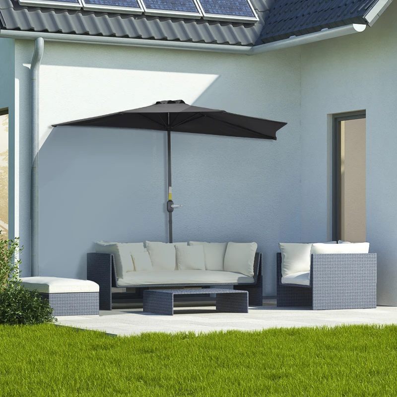 Outsunny 3(m) Half Parasol, Semi Round Umbrella with Metal Frame, Crank Handle for Balcony, Garden, Black