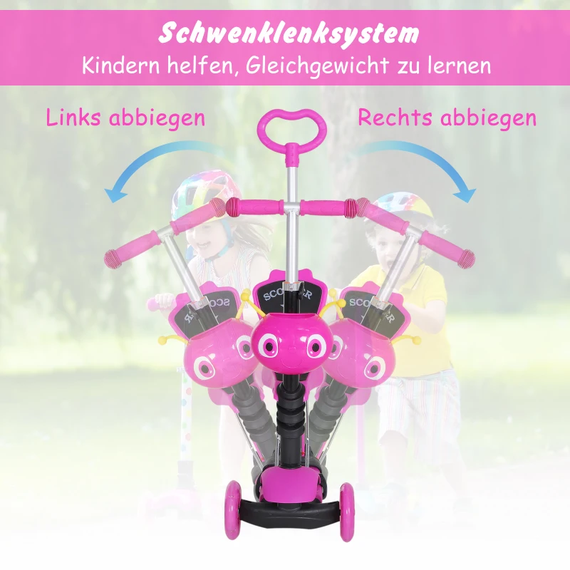 HOMCOM 5-in-1 Kinderroller höhenverstellbarer Tretroller Cityroller Scooter Kinder Roller Kickboard Lenker Teleskoprohr Rosa 62 x 25 x 72,5 cm