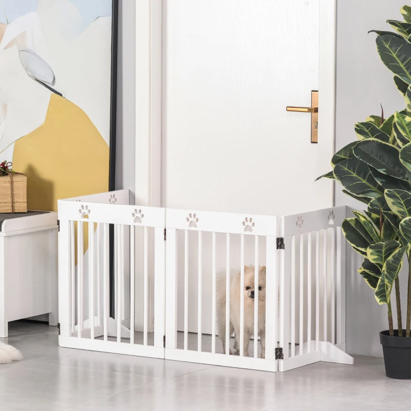 PawHut Barrera para Perros Plegable de 4 Paneles 204x61 cm Barrera de Seguridad para Perros con Estructura de Madera y Patas de Apoyo para Pasillo Escalera Blanco