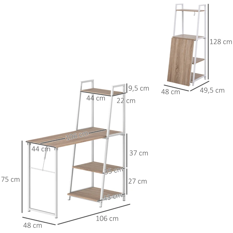 HOMCOM Bureau Pliable Rabattable - Bureau bibliothèque 2 en 1-4 étagères - Imitation Bois chêne Clair métal Blanc