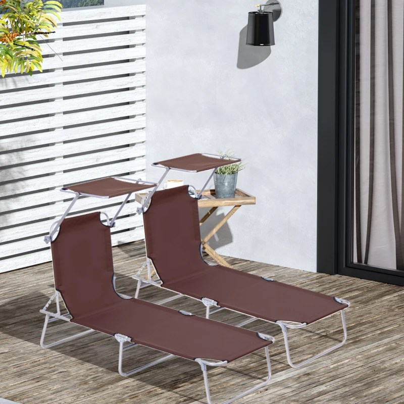 Outsunny 2 Pieces Outdoor Foldable Sun Lounger, 4 Level Adjustable Backrest Reclining Sun Lounger Chair with Angle Adjust Sun Shade Awning for Beach, Garden, Patio, Brown